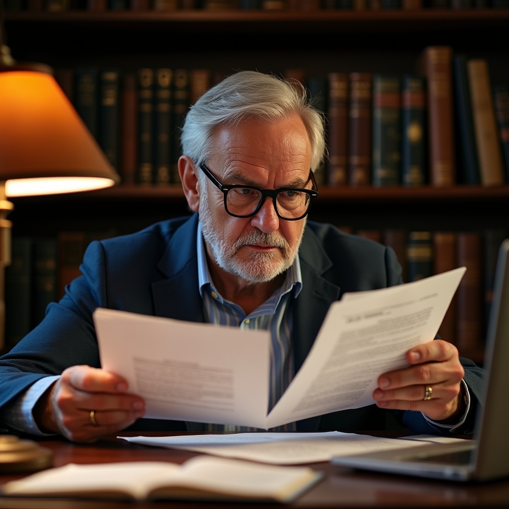 Professional studying lease exit clauses at a desk with multiple documents and laptop, reading glasses, warm office lighting