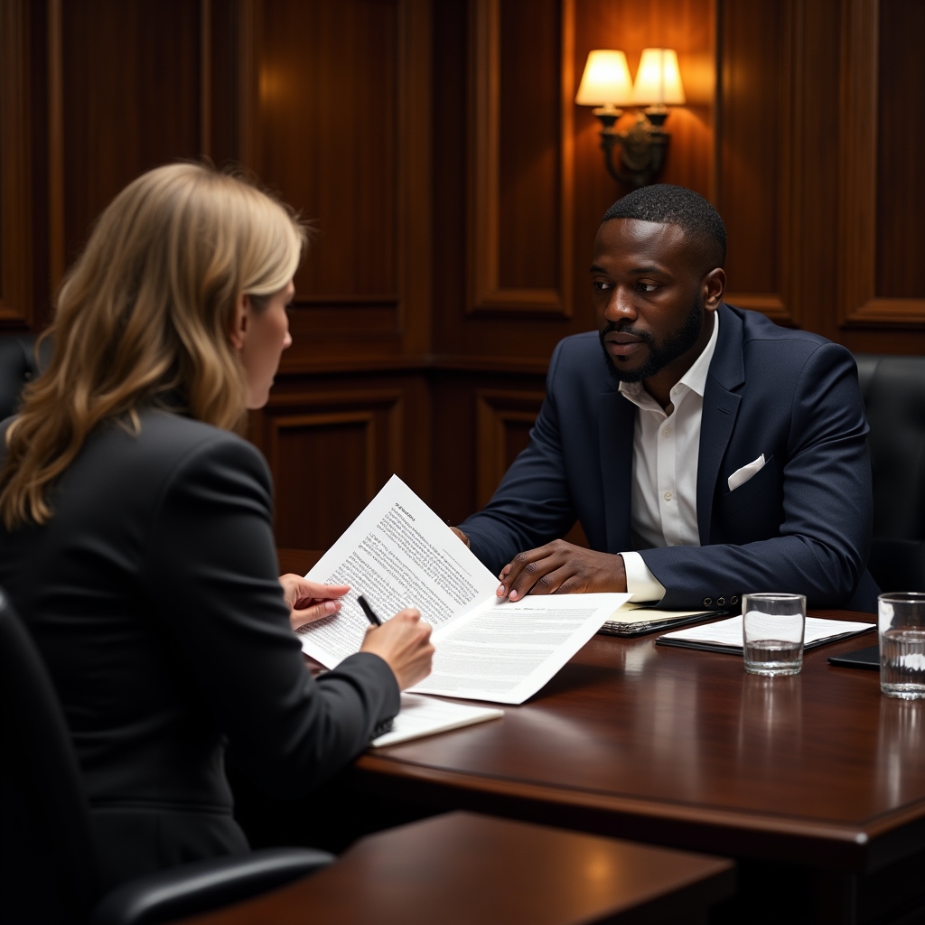 Business owner reviewing personal guarantee documents with attorney at conference table, focused expressions, natural light