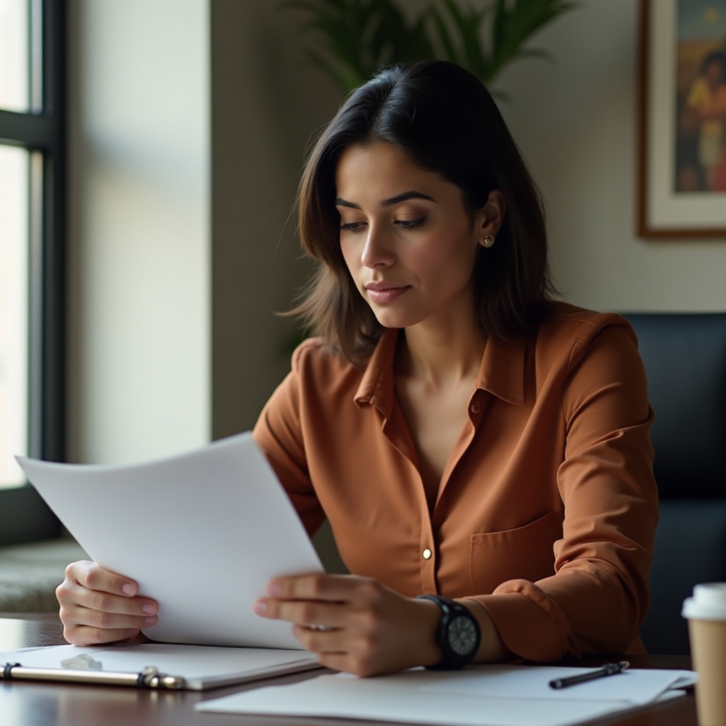 First-time retail business owner reading lease documents at a clean desk with natural window light