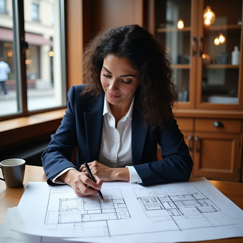 Business owner reviewing storefront lease plans at a wooden desk with blueprints and coffee