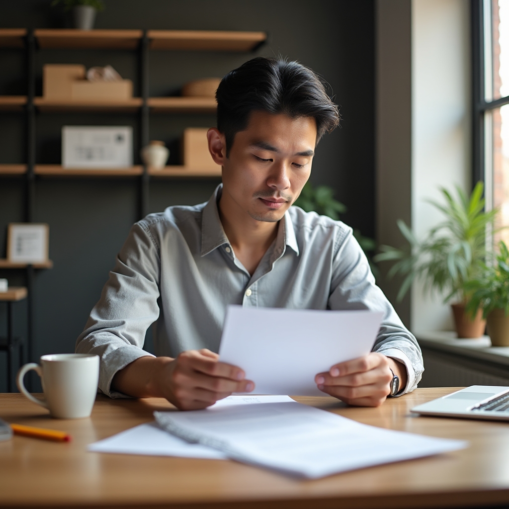 Local service business owner reviewing commercial lease terms at modern desk with coffee, relaxed but focused expression