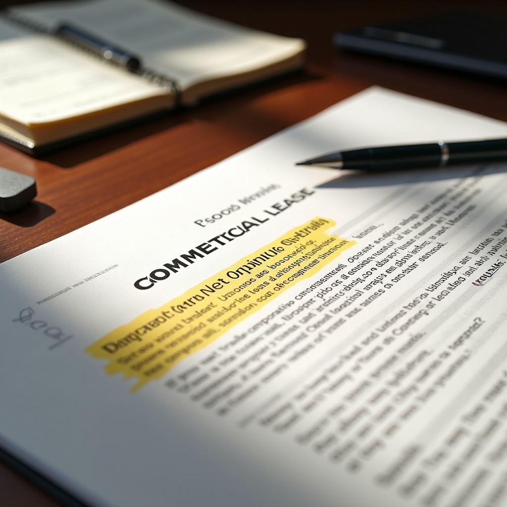 Close-up of commercial lease document with triple net clause highlighted, pen and notepad beside it on wooden desk